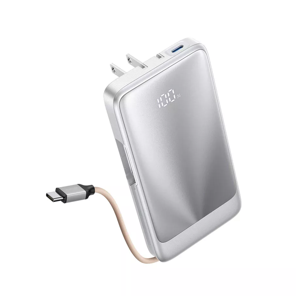 All-In-One Fast Charging Power Bank, Foldable AC Plug Portable Charger With Attached Usb-C Cord & Digital Power Display