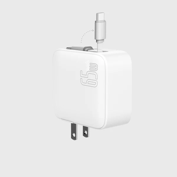 USB Charger 65W Dual USB-C Retractable Cable Foldable Wall USB Charger