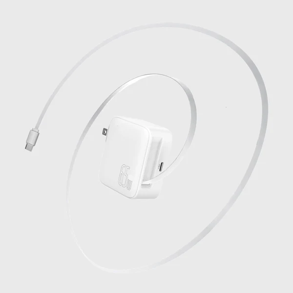 USB Charger 65W Dual USB-C Retractable Cable Foldable Wall USB Charger