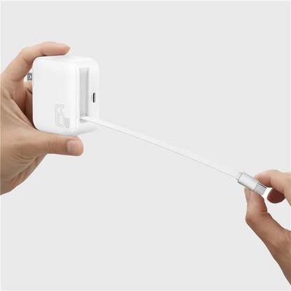 USB Charger 65W Dual USB-C Retractable Cable Foldable Wall USB Charger